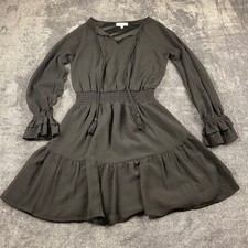 NSR Black Smocked Waist Ruffle Mini Dress XS Long Sleeve Boho Tassel Tiered Hem