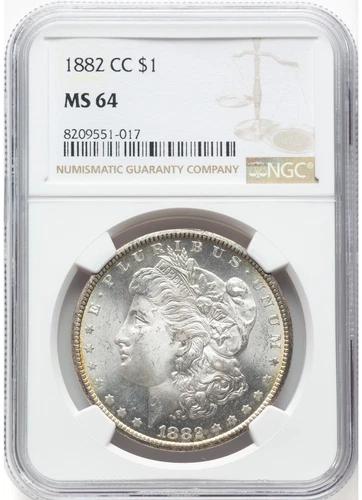 1882 CC $1  MORGAN SILVER DOLLAR NGC MS 64-TOUCH OF RIM TONING-KEY DATE-!!!!!!!!