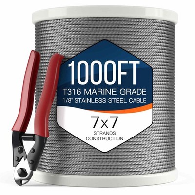 1/8'' T316 Stainless Steel Cable, Aircraft Cable for Deck Railing, 7x7 Strand ...