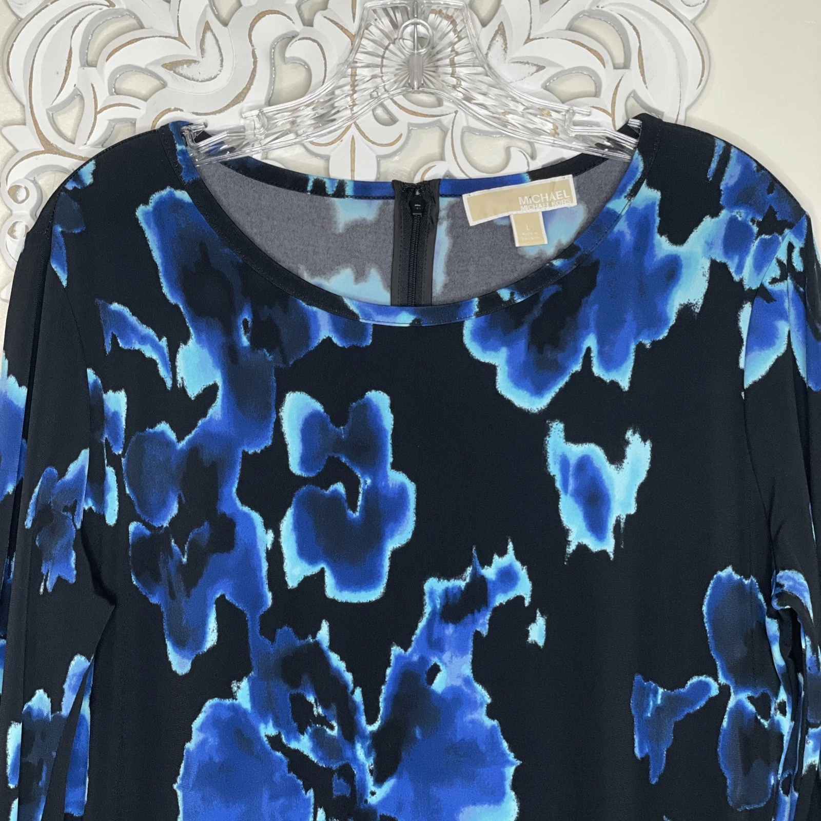 Abito MICHAEL KORS taglia GRANDE maniche lunghe orlo a fazzoletto NERO BLU floreale