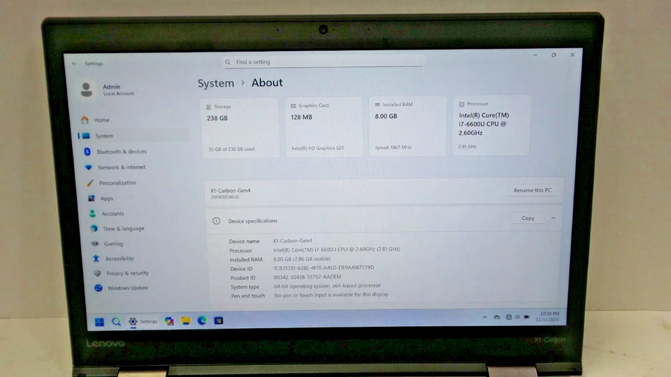 Lenovo ThinkPad X1 Carbon 4ta Generación | Core i7 | 8GB RAM | 256GB NVMe | Win 11 Pro Foto 3 de 4