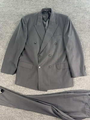 #ad Vintage Mazzoni Suit Men 44R Gray Polyester Rayon Double Breasted Pants 37x30 $99.00