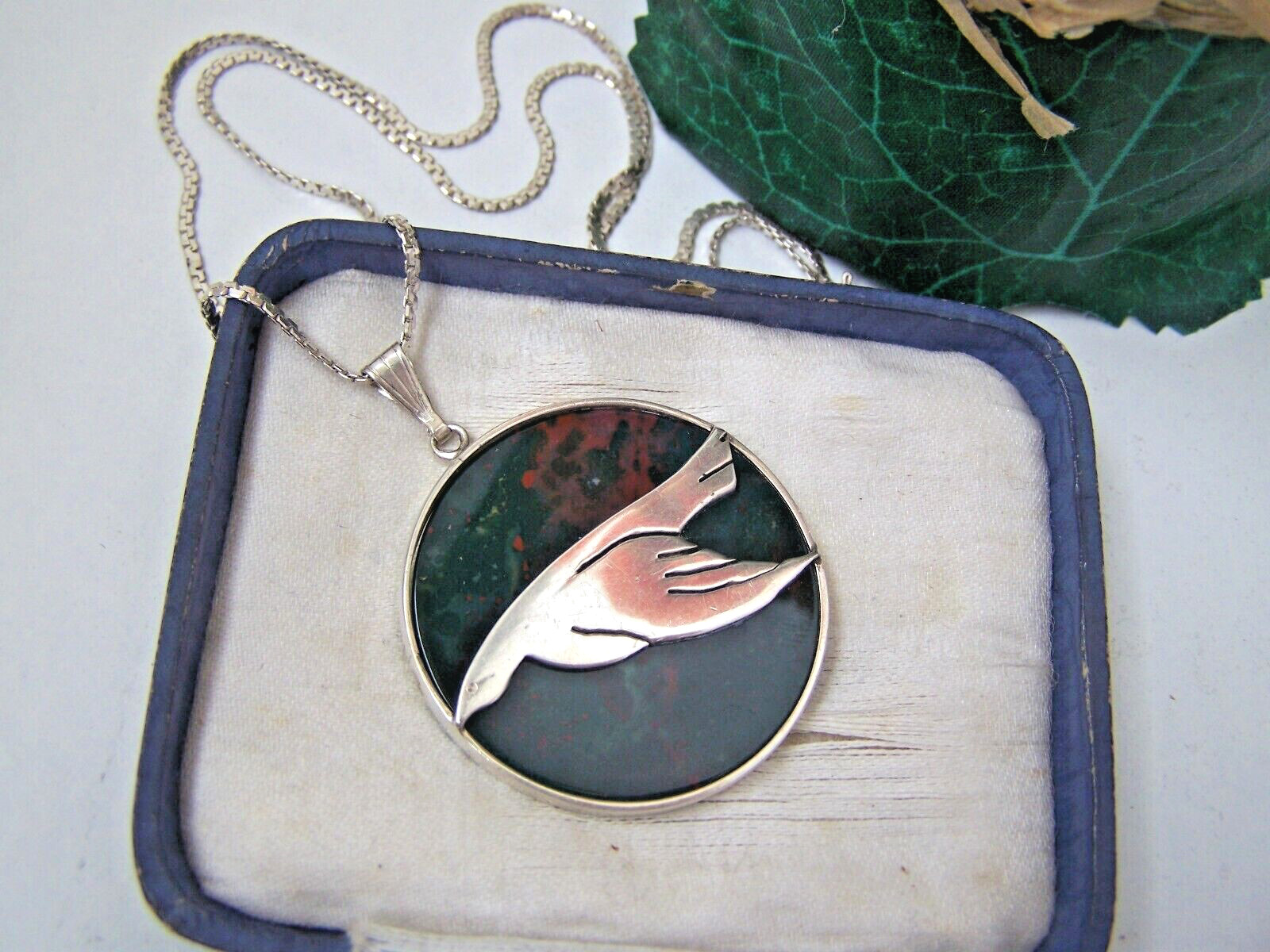 VINTAGE SOLID STERLING SILVER LARGE BLOODSTONE BI… - image 1