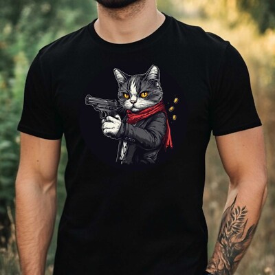 Mens Cat Gun Print Cotton T-Shirt Size XS to 5XL