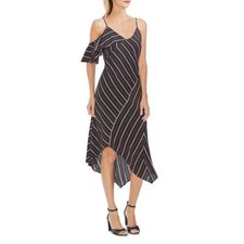 Vince Camuto Dress Striped Ruffle Daytime Midi Slip Black Sz 12 NEW NWT 376