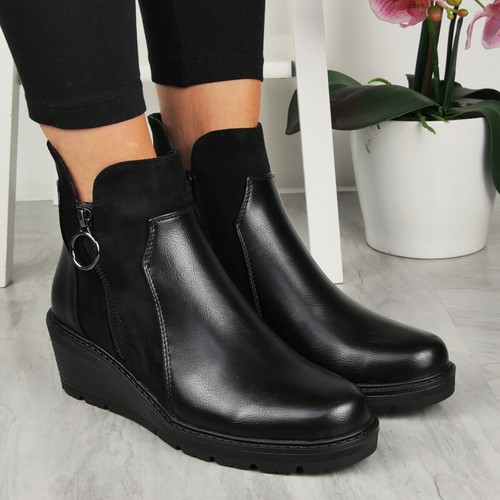 Ladies Ankle Wedges Boots Womens Heel Zip Platform Shoes Comfy Casual Sizes - Picture 2 of 20
