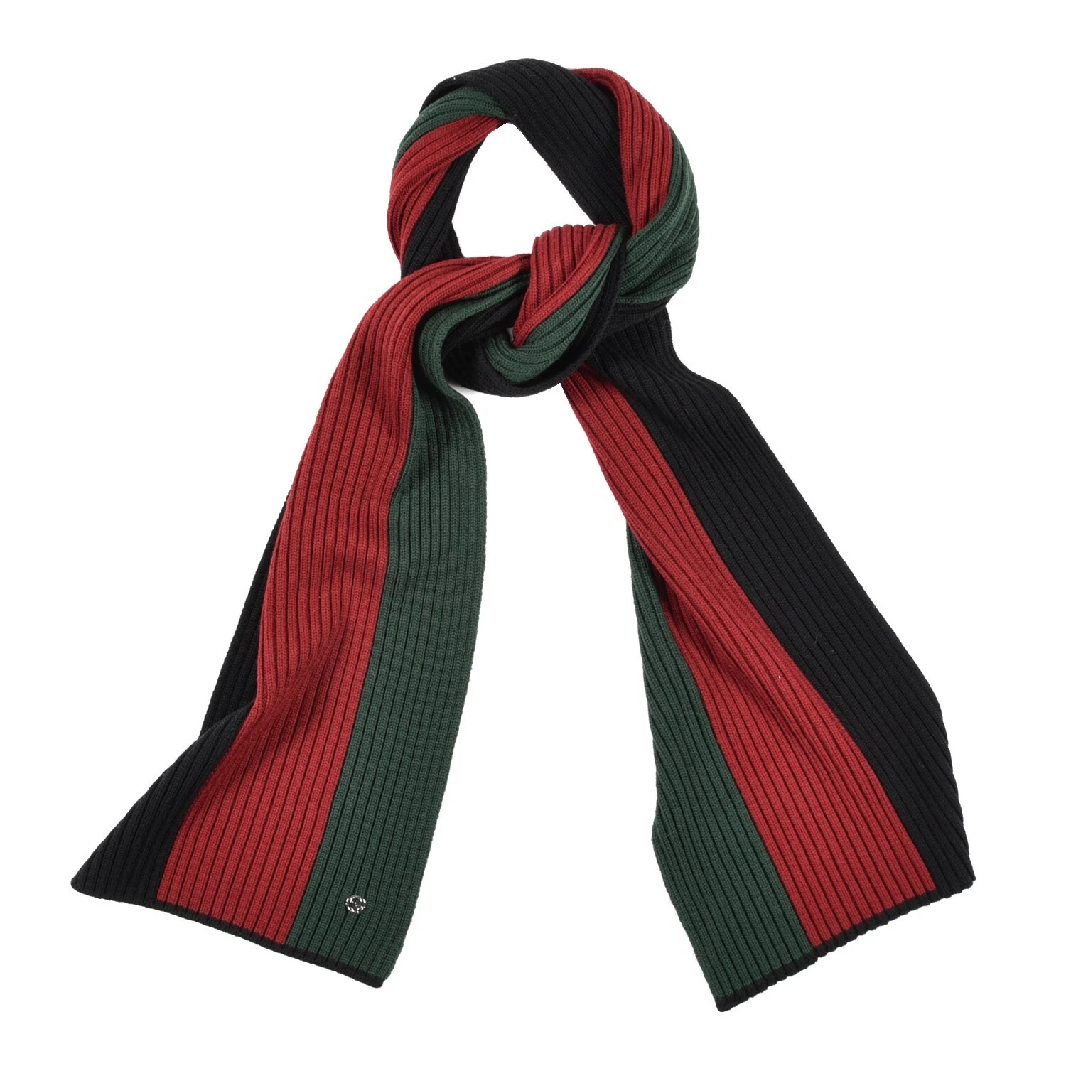 GUCCI Foulard Logo Métal Laine Rayé Tricot Noir Rouge Vert