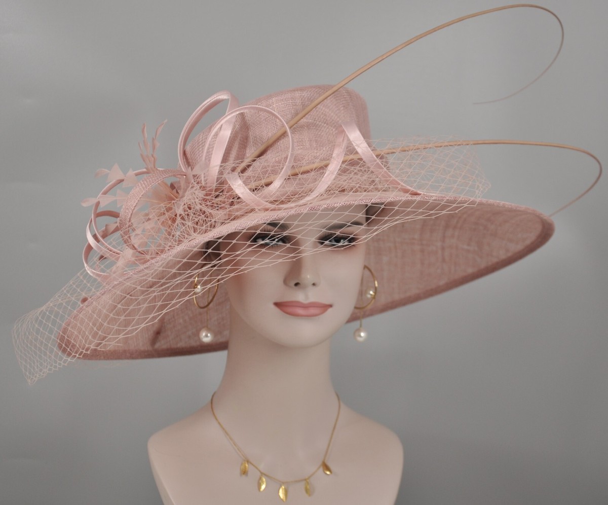 Blush Pink Wide Brim Sinamay Hat Church Kentucky Derby Hat 