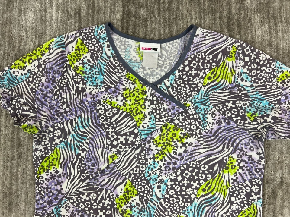 Scrubstar Scrub Top Womens Small Gray Nurses Uniform Animal Geometric Pattern - Image 2 of 4