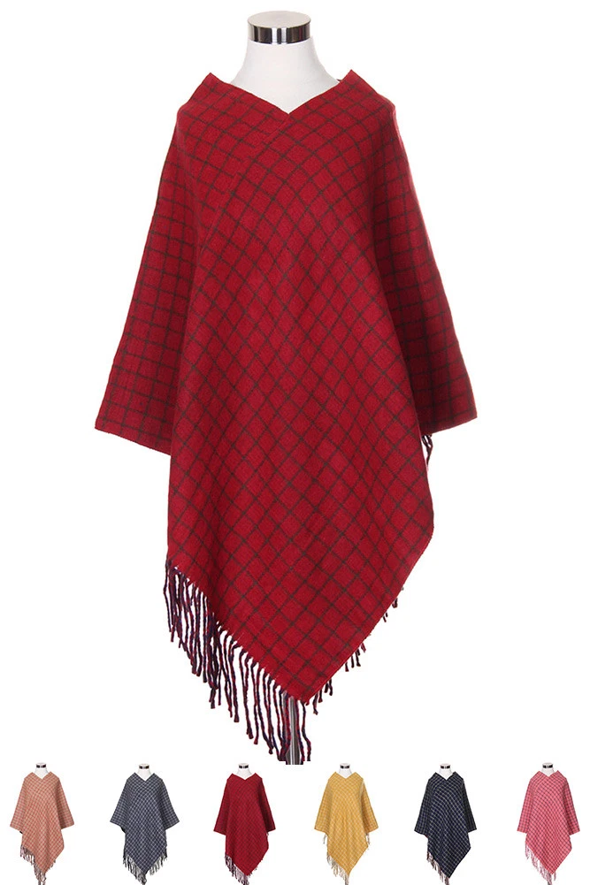 Anthropologie Style Women's Checkered and Plaid Pullover Poncho with Fringe