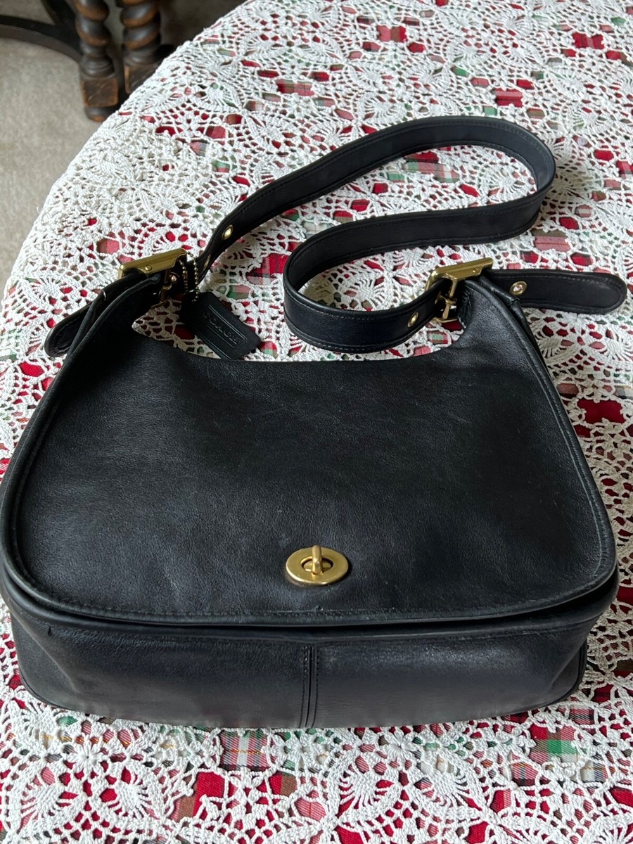 Vtg 90s COACH Handbag LEGACY Crescent Flap Black LEATHER Shoulder