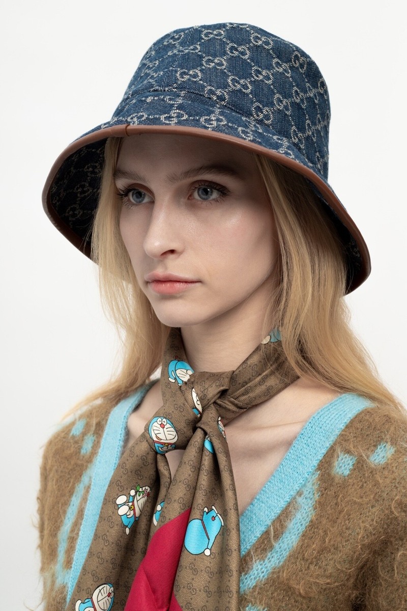 New Gucci Blue Denim Monogram Leather Trim Bucket Hat | eBay