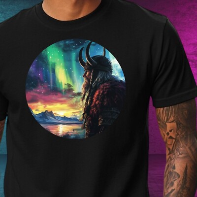 Mens Viking Northern Lights Print Cotton T-Shirt Size XS to 5XL