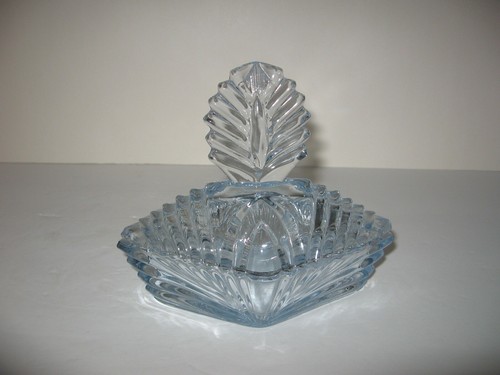 Martinsville Glas blau Art Deco Waschtisch Puffglas Schmuckdose - Bild 3 von 8