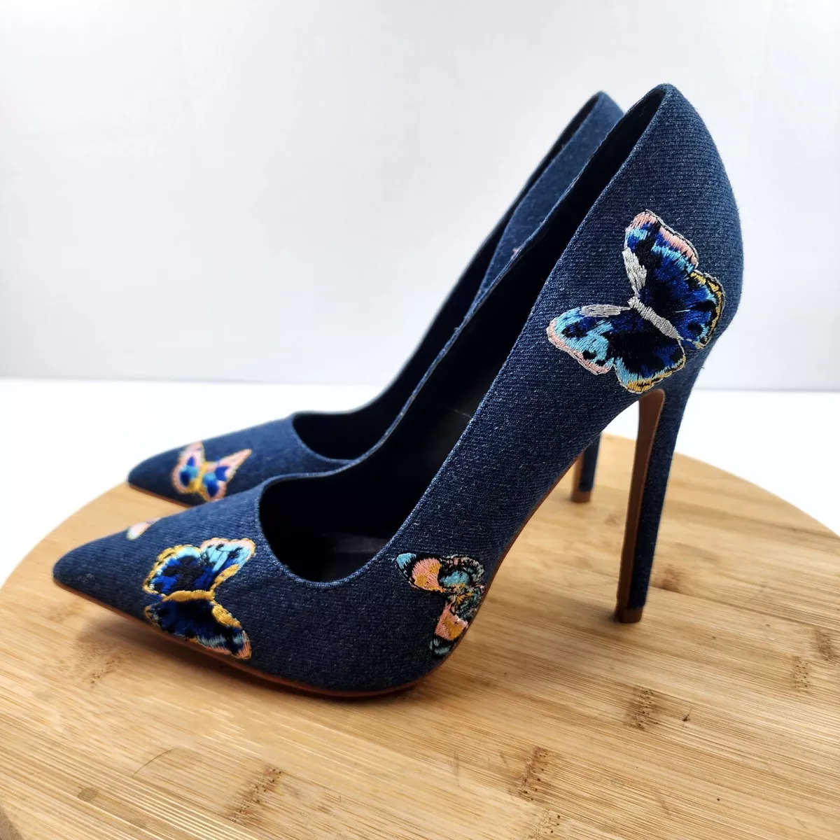 Shoe Republica LA Womens Blue Denim Stiletto Heels Butterfly Heels