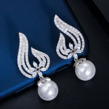 Luxury White Gold Plated Cubic Zirconia CZ Big Dangle Drop Flower Pearl Earrings