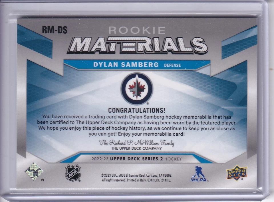 Dylan Samberg, Winnipeg Jets 2022-23 Series 2 Rookie Materials #RM-DS - Image 2 of 2