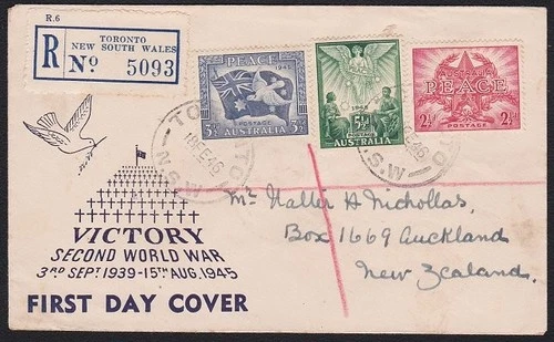AUSTRALIA 1946 Peace set on commem FDC - registered to New Zealand.........D7431