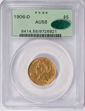1906-D LIBERTY HEAD $5 HALF EAGLE GOLD PCGS AU58 CAC OGH