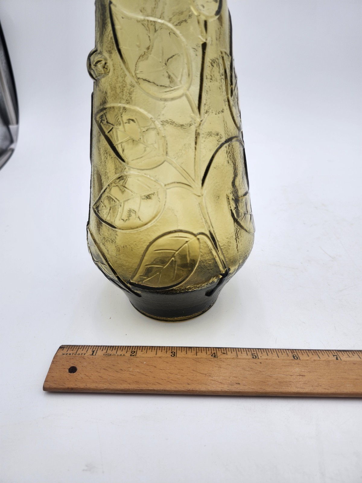 Vtg 22.75" Avocado Green Empoli Butterfly Floral Art Glass Bottle & Stopper MCM 