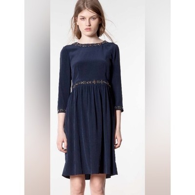 Vanessa Bruno Athe Embelished Creepe De Chine Navy Silk Dress Size Small (36)