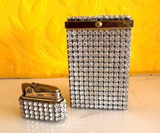 Vintage Arrow Japan Rhinestone Cigarette Box & Lighter Set Retro Glam Bar