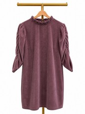UK 14 Oasis Mauve Corduroy Dress Puff Shoulder Gathered Sleeve Shift Mini Dress