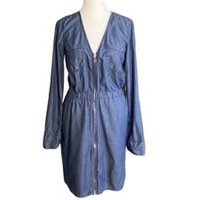 GUESS Chambray Cotton Denim V-Neck Long Sleeve Elastic Waist Short Dress Small