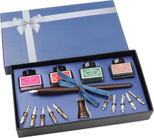 Set Calligrafia Con Penna Stilografica in Legno Con Supporto, Boccette Di Inchio