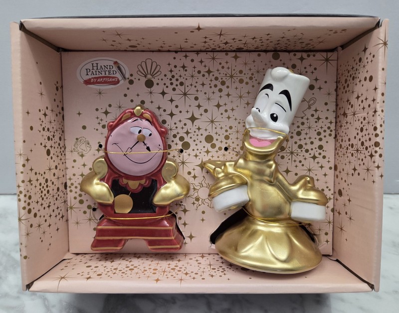NEW Disney Princess Hand Painted Cogsworth & Lumiere Salt & Pepper Shaker Set