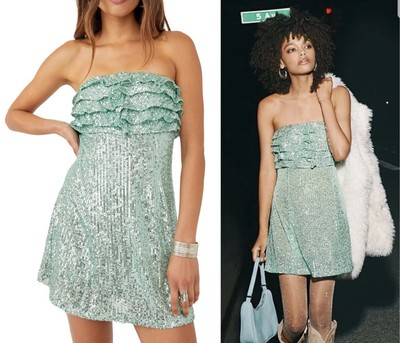FREE PEOPLE Frida Seafoam Green Sequin Ruffle Dress (Size 10) -  MSRP $168