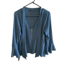 Harve Benard Blue 3/4 Bell Sleeve V-Neck Textured Pullover Blouse Size M