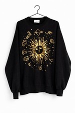 Vintage Ken Done Celestial Sun Zodiac Sweatshirt USA Black Gold Graphic L