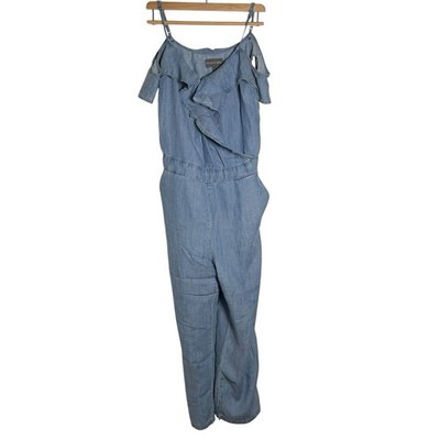 Michael Stars Chambray Jumpsuit Blue Ruffle Cold Shoulder Tencel Linen Womens S