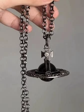 RESTOCK Vivienne Westwood Orb globe Black Stone Antique Carving Style Necklace