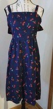 Navy Blue Sleeveless Cherry Novelty Print Midi Cami Dress XS Cotton Coquette 