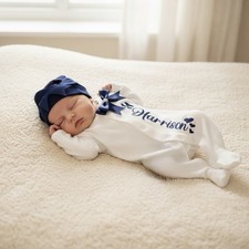 Baby Boy coming Home Outfit sleepsuit Hat Mitts Personalised Prince NEWBORN Navy