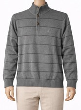 Mens Izod Rib Knit Buttoned Mock Neck Gray Stripe Cotton Pullover Sweater M