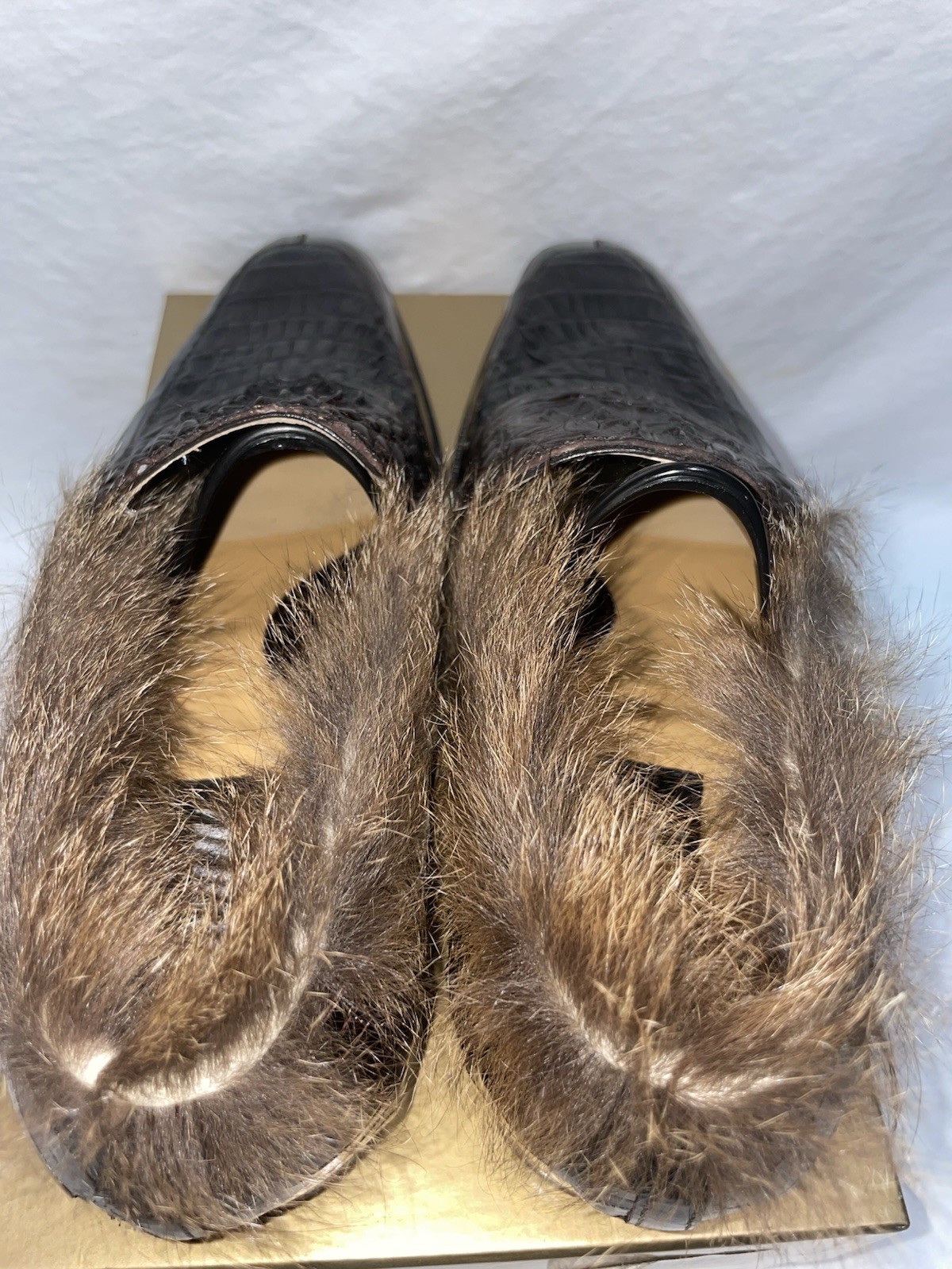 Mauri Luxury Crocodile Fur Trim Slip-On Loafers Brown Men Size 10 Exotic Shoes