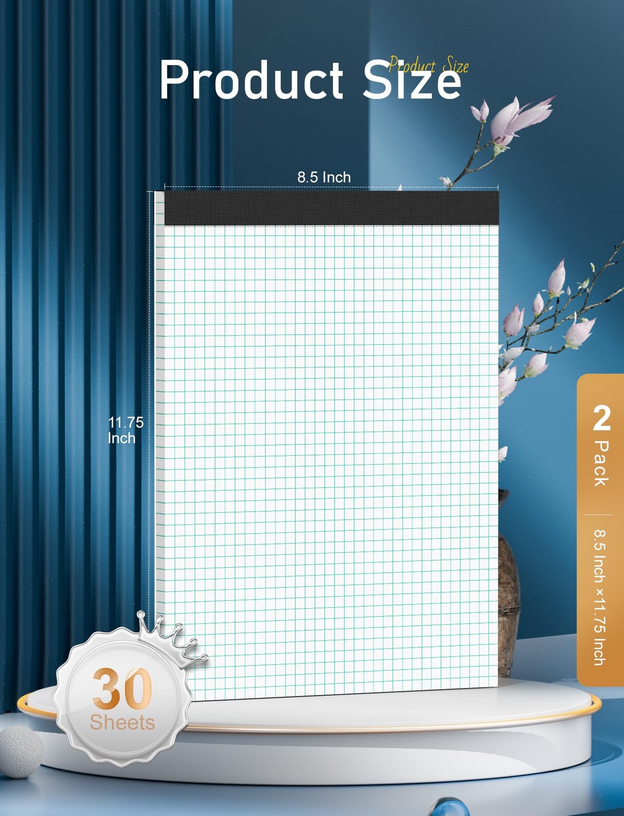 Zaviko Graph Paper Pad 8.5 x 11, 2 Pack, 4x4 x 11.75 Inch, White 