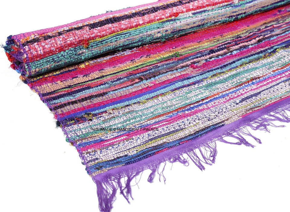 Hand Made Bohemian Braided Cotton Area Rug in Multi Purple Color Chindi 5X7 FEET - Image 3 of 3