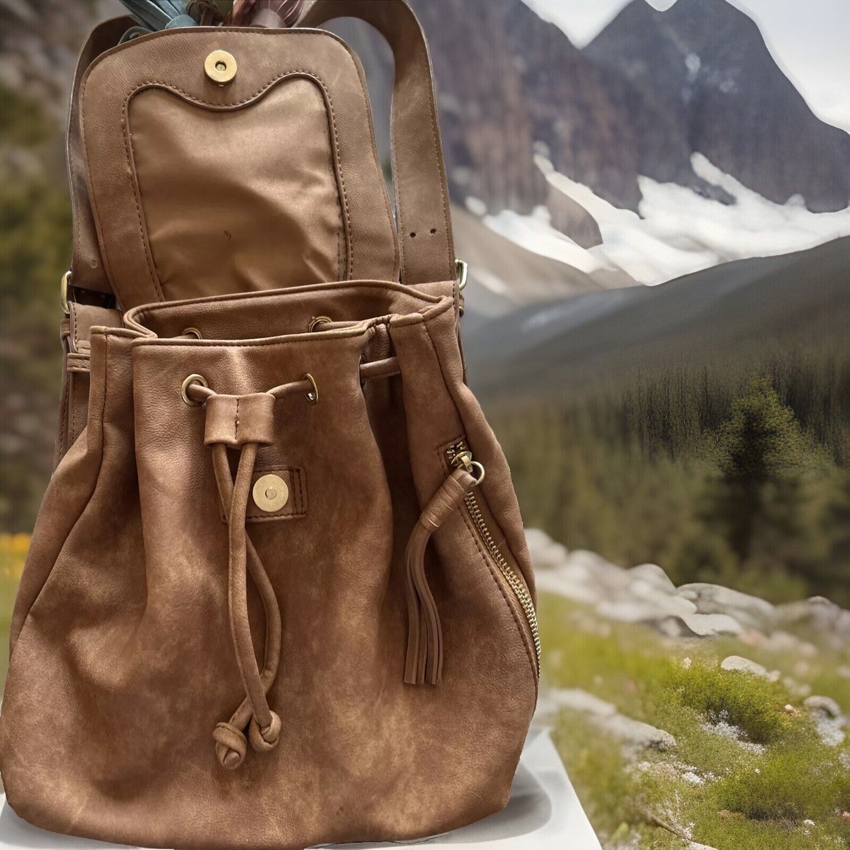 NWT Vintage Retired Design Hollister Brown Faux Suede Backpack with Tassels, Saint Laurent Suede Calfskin Fringe Festival Backpack Light  main image 4