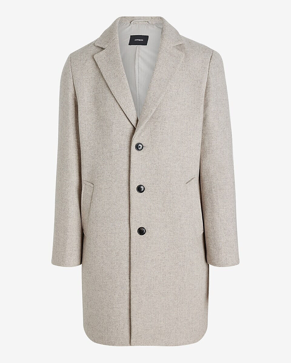 NEW EXPRESS $298 OATMEAL NOTCH COLLAR WOOL BLEND TOPCOAT NEW EXPRESS $298 OATMEAL NOTCH COLLAR WOOL BLEND TOPCOAT
