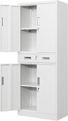 Metal Storage Cabinet with Drawer and Adjustable Shelves, Locking Storage White