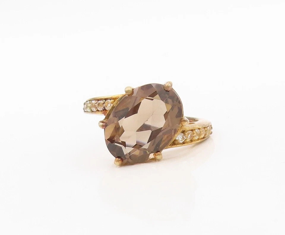 925 Sterling Silver Vintage Ring Gold Plated Smoky Quartz & Topaz  Sz 7  RG30386 - Image 2 of 4
