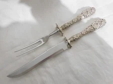 STIEFF FORGET-ME-NOT 1910 LARGE STERLING SILVER ROAST CARVING FORK & KNIFE 14.5"