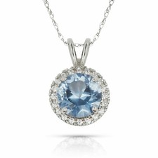 Solid 14k White Gold Round Halo March Aquamarine Birthstone CZ Pendant Love Gift