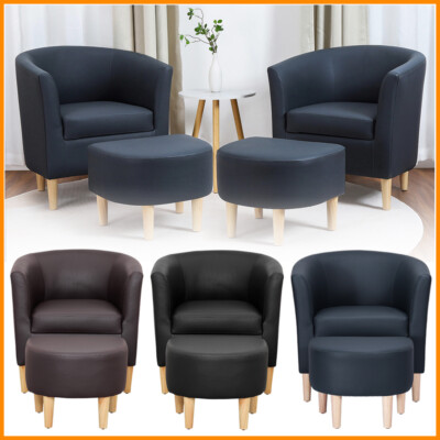 Modern Faux Leather Barrel Club Chair Single Sofa Armchair with Ottoman  Footrest