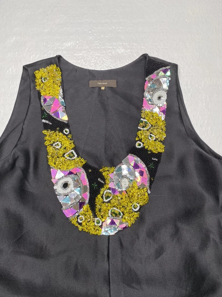 Vera Wang Womens Silk Cotton Cocktail Mini Tunic Dress Black Embellished Sz S P - Image 4 of 4