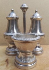 Vintage Old Antique silver decorative salt & pepper pots pair egg cup stand EPNS